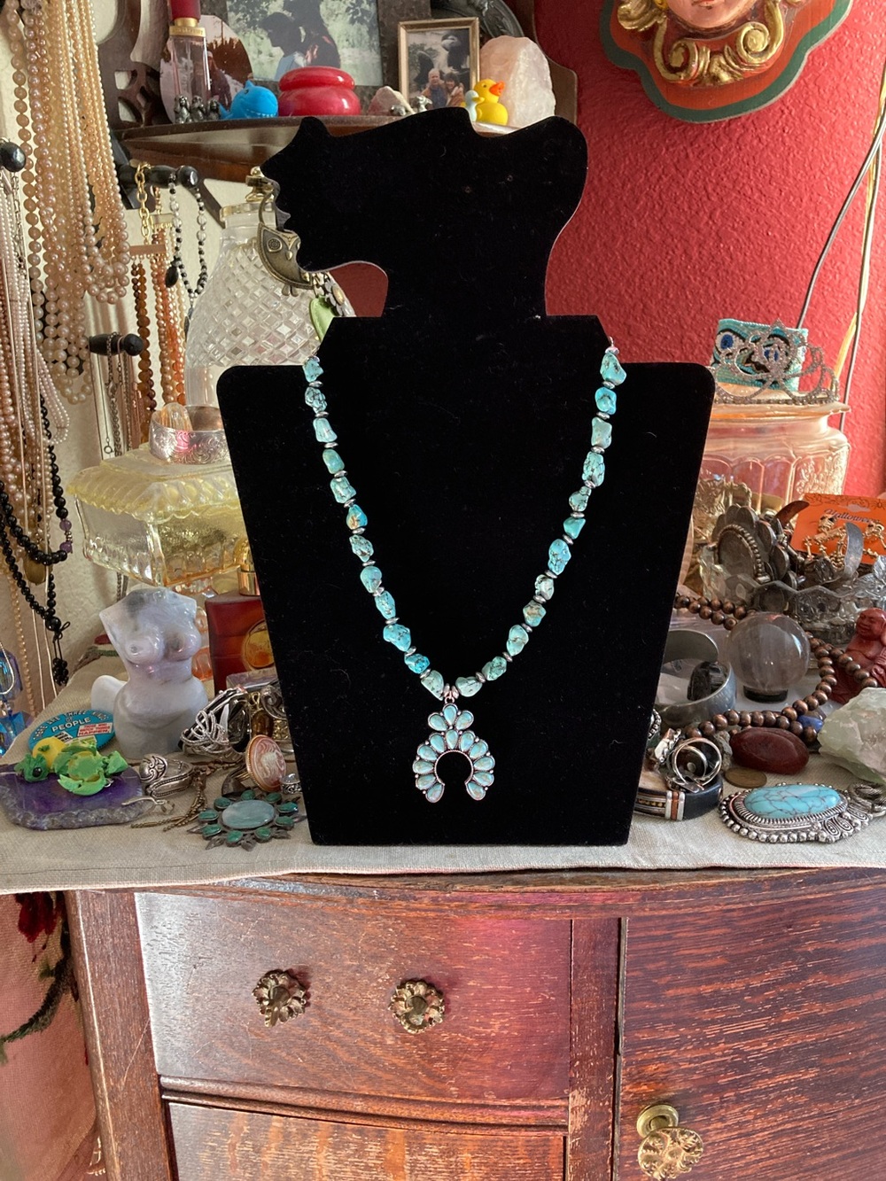 Turquoise Squash Blossom Necklace - Light Blue/Green Turquoise